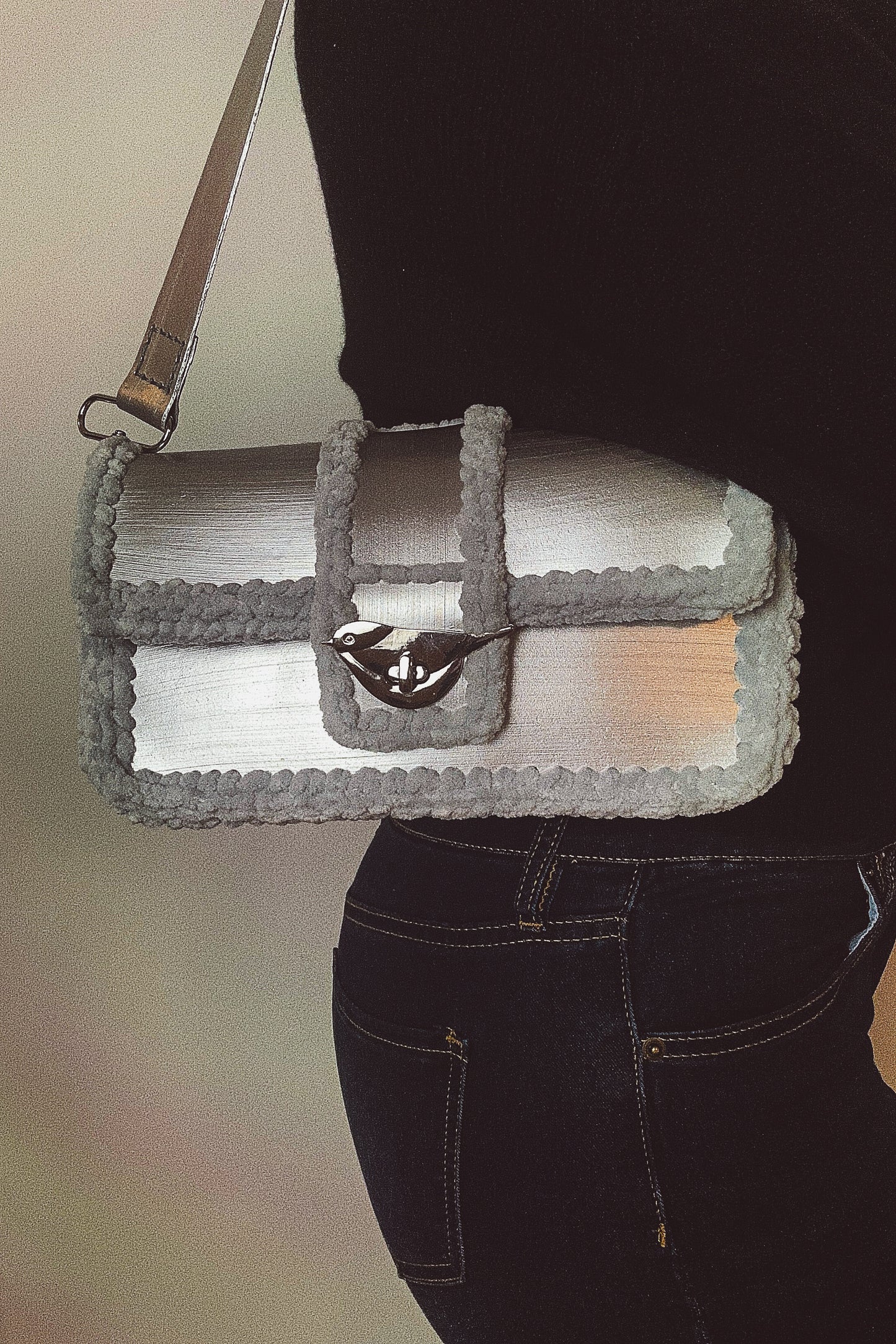 Metallic silver handbag, Salpa crochet and leather handbag 