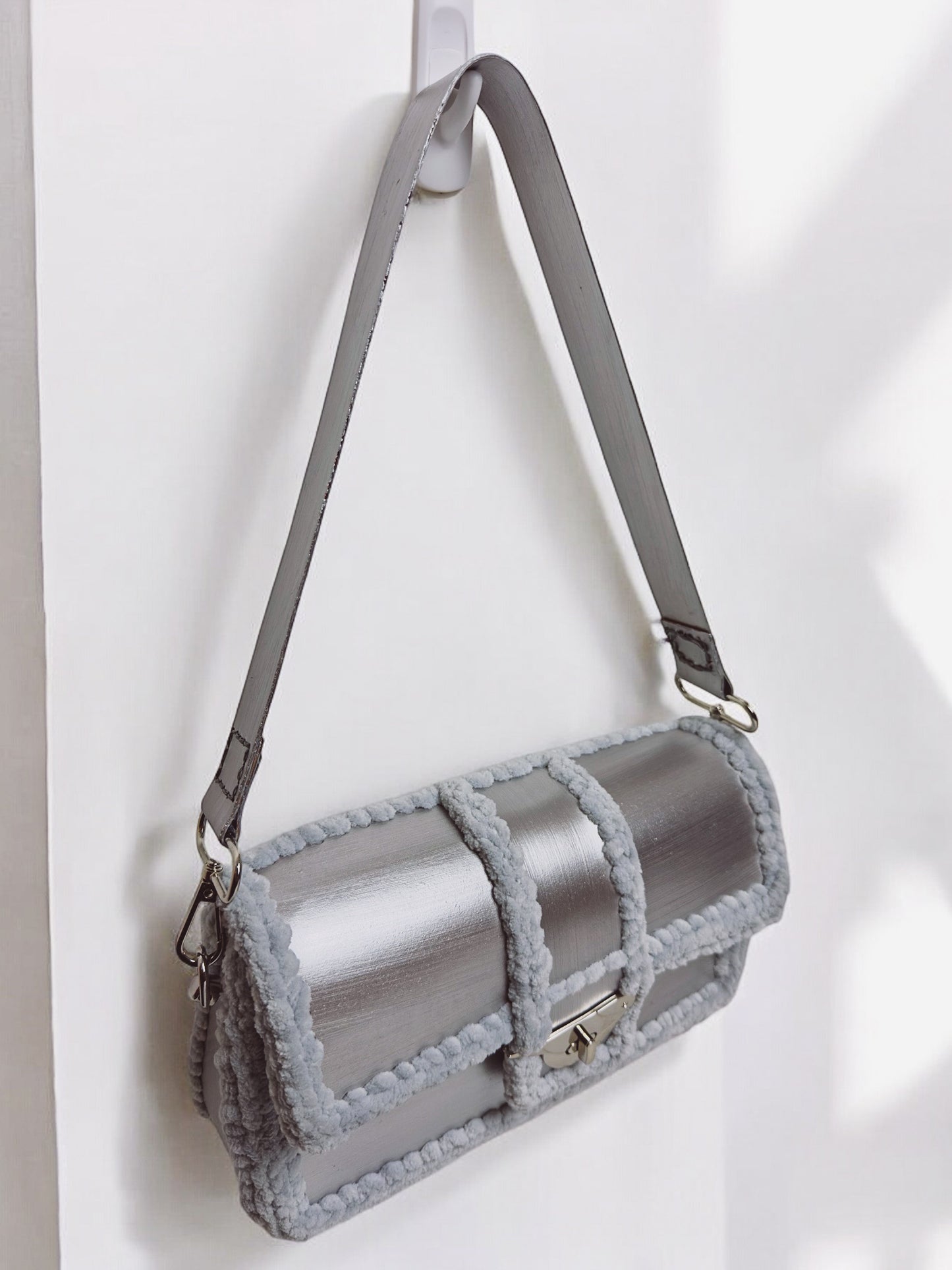 Metallic silver handbag, Salpa crochet and leather handbag 