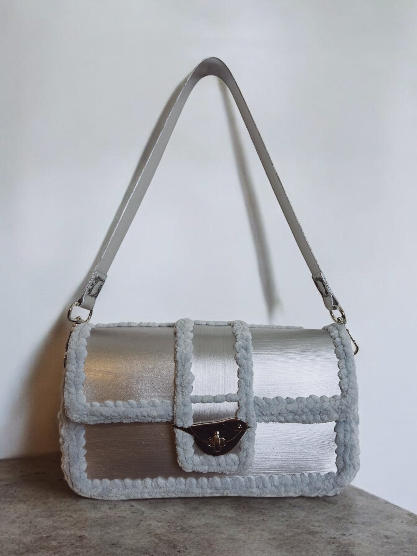 Metallic silver handbag, Salpa crochet and leather handbag 