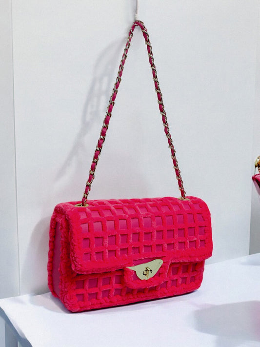 Sac à main rose vif pour femme, sac à main en laine avec maille