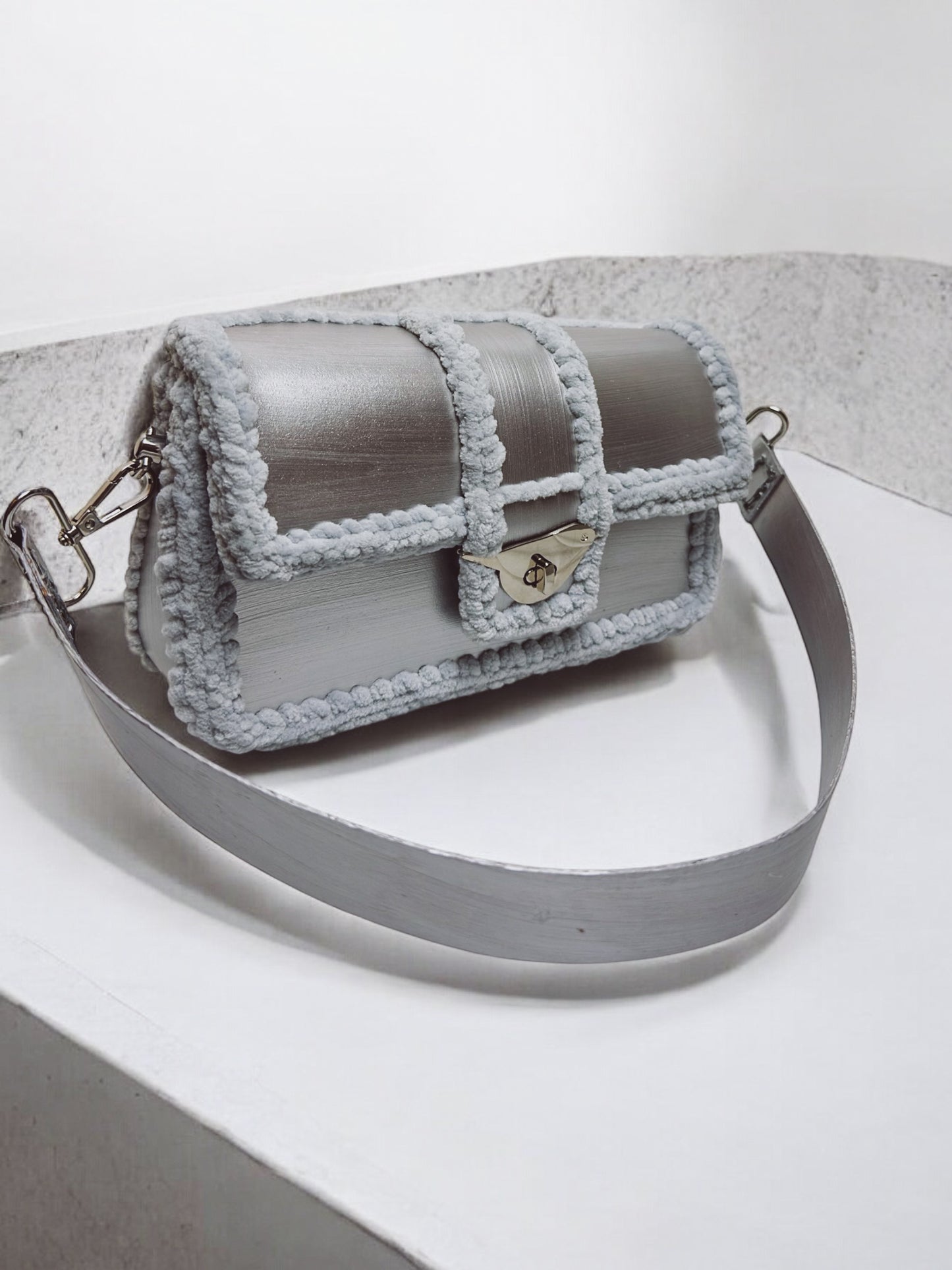 Metallic silver handbag, Salpa crochet and leather handbag 